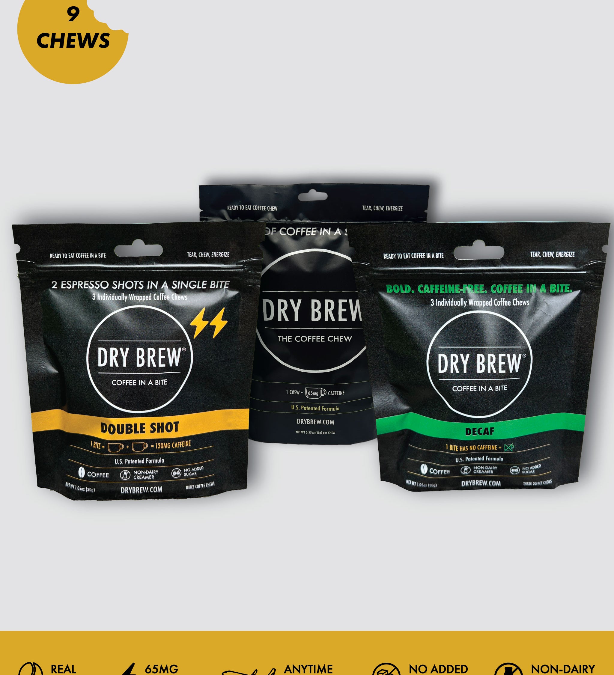 Dry Brew Sample Pack 9 Coffee Chews – portable caffeine bites for hikers and athletes.