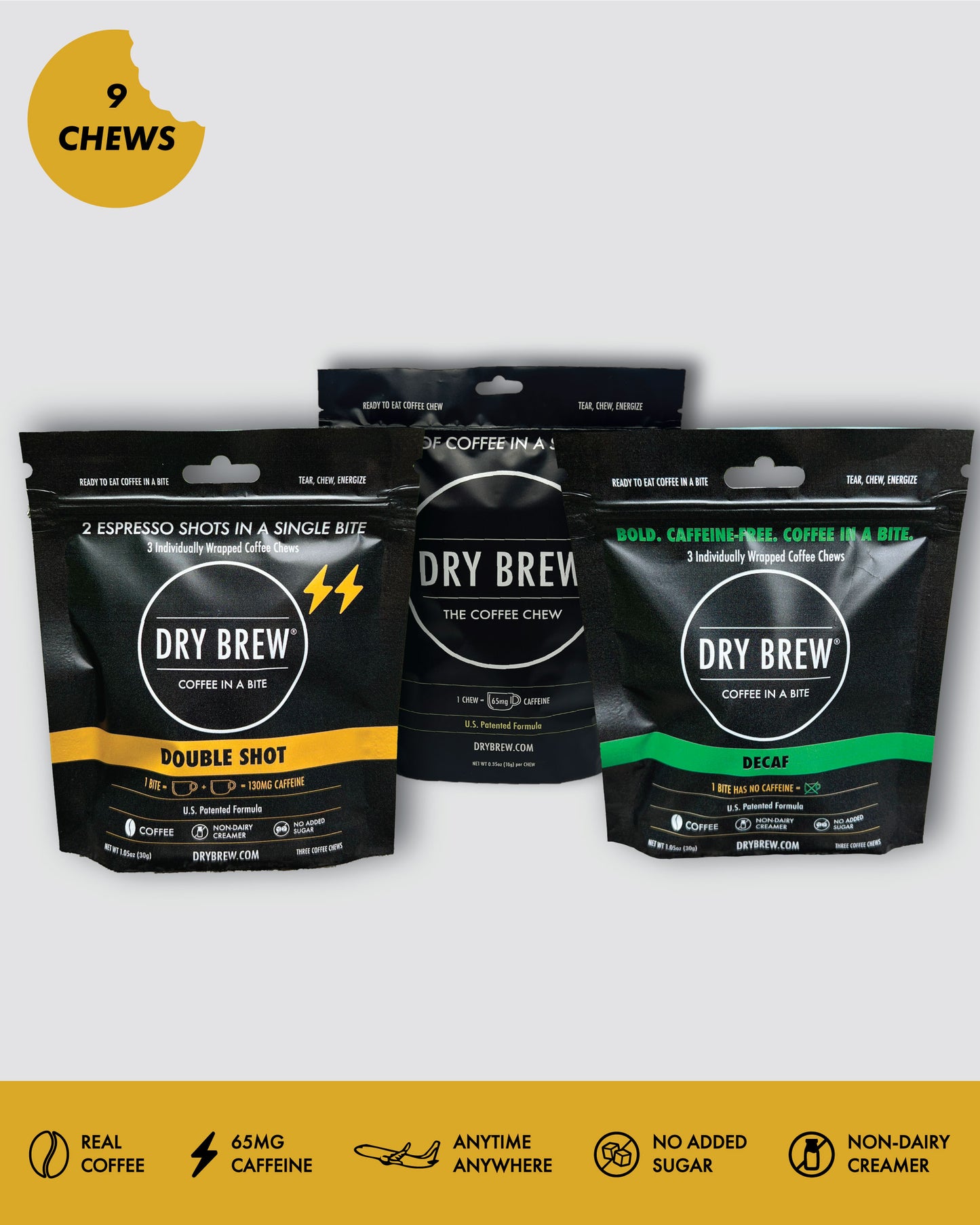 Dry Brew Sample Pack 9 Coffee Chews – portable caffeine bites for hikers and athletes.