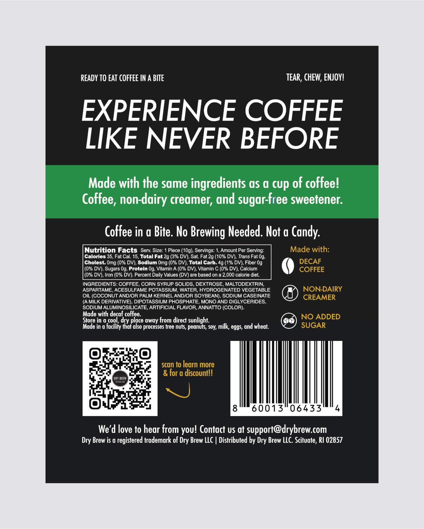 Back of Decaf coffee product packaging with text and QR code on a gray background