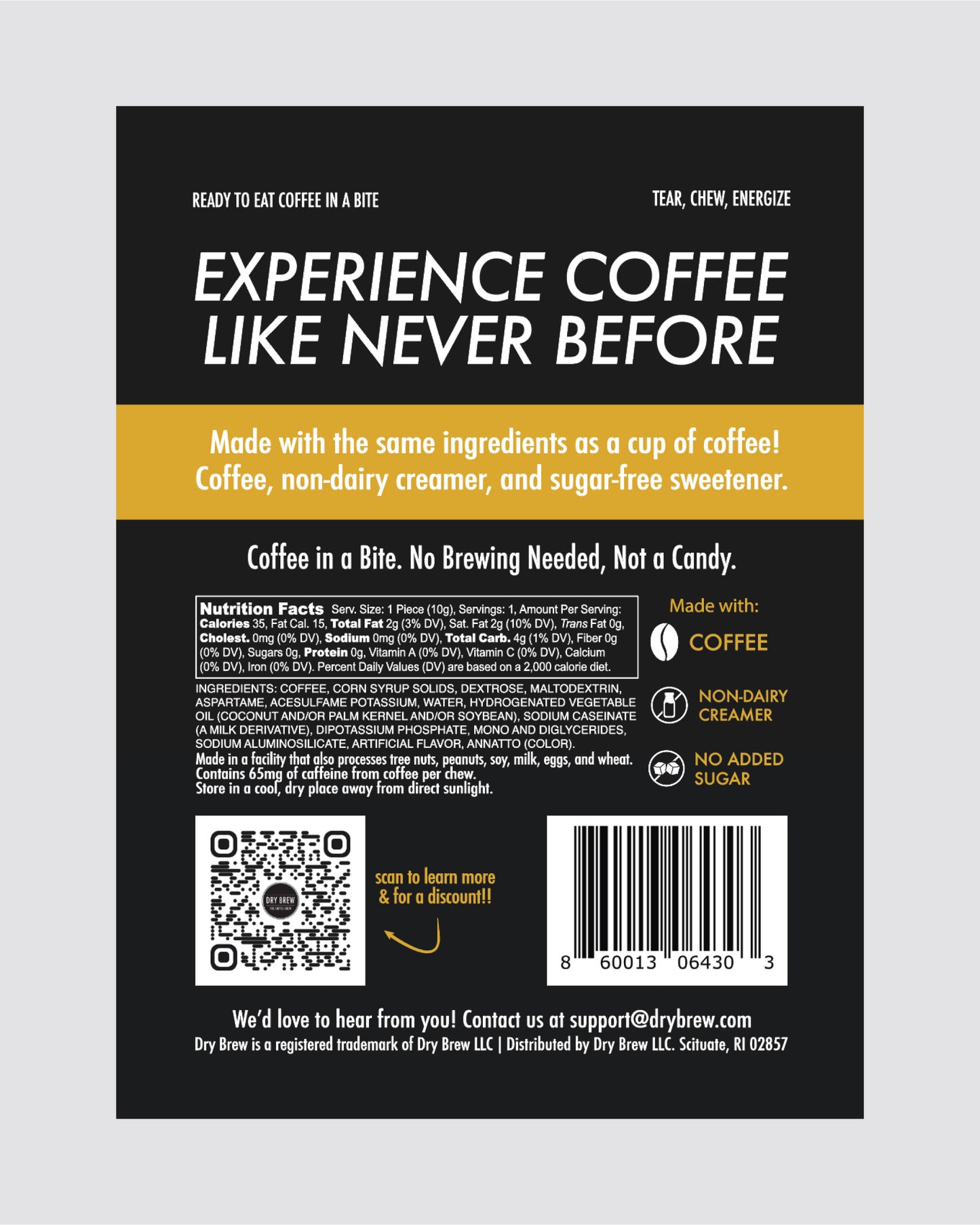 Back of Double Shot coffee product packaging with text and QR code on a gray background