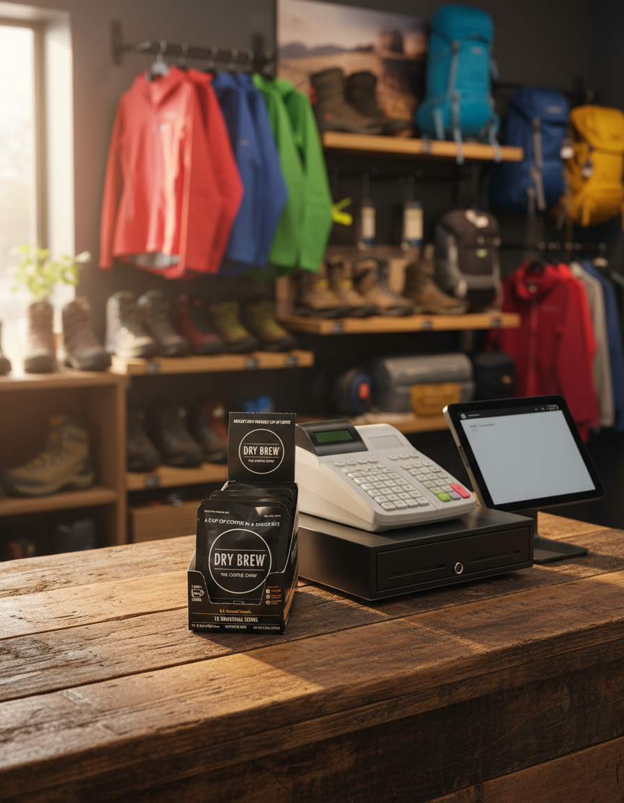 Cash register and coffee packaging on a wooden counter with a store interior featuring jackets and boots in the background.