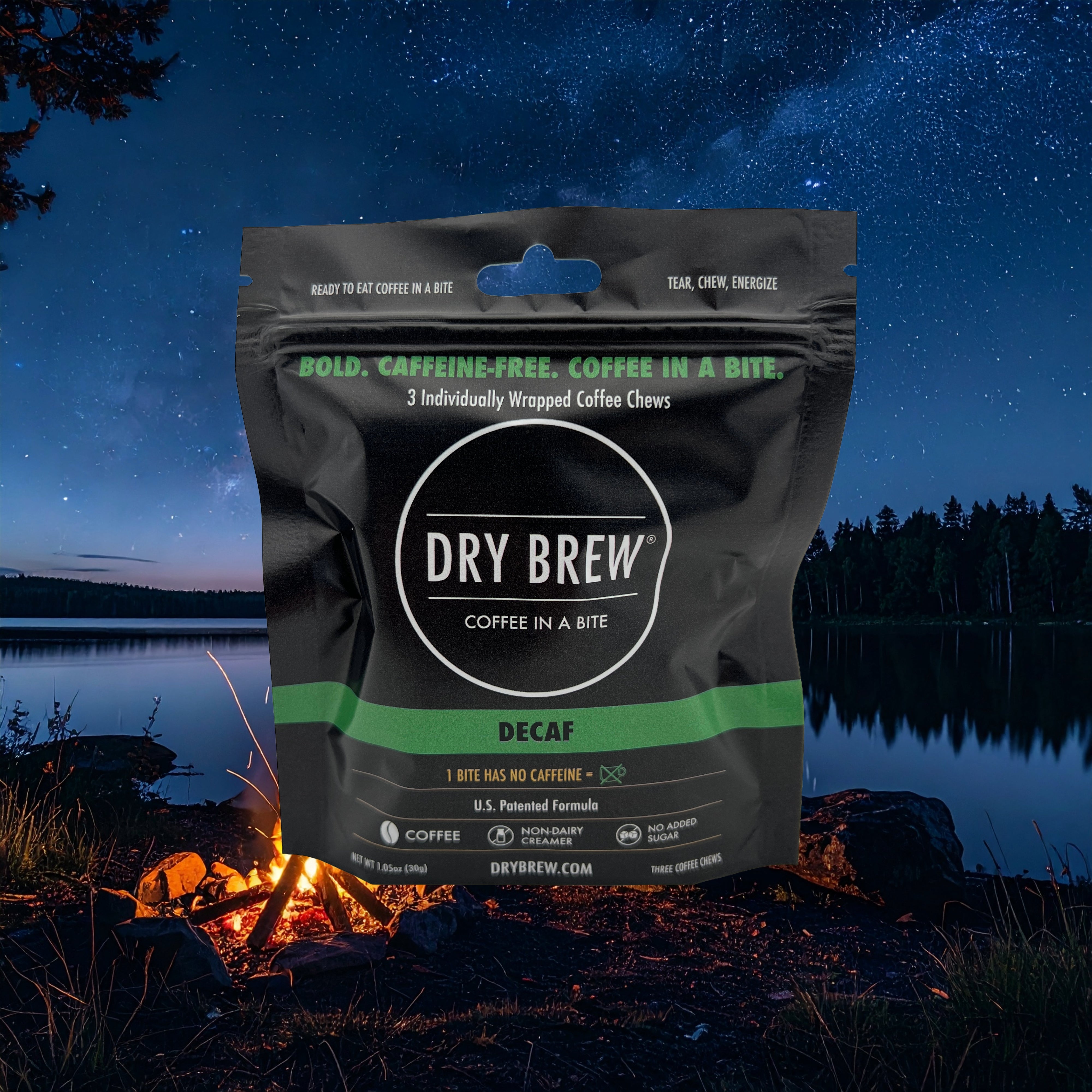 Dry Brew Decaf chewable coffee bites for late nights and low-caffeine days