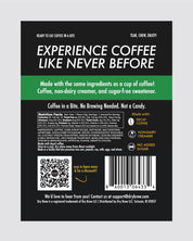 Back of Decaf coffee product packaging with text and QR code on a gray background