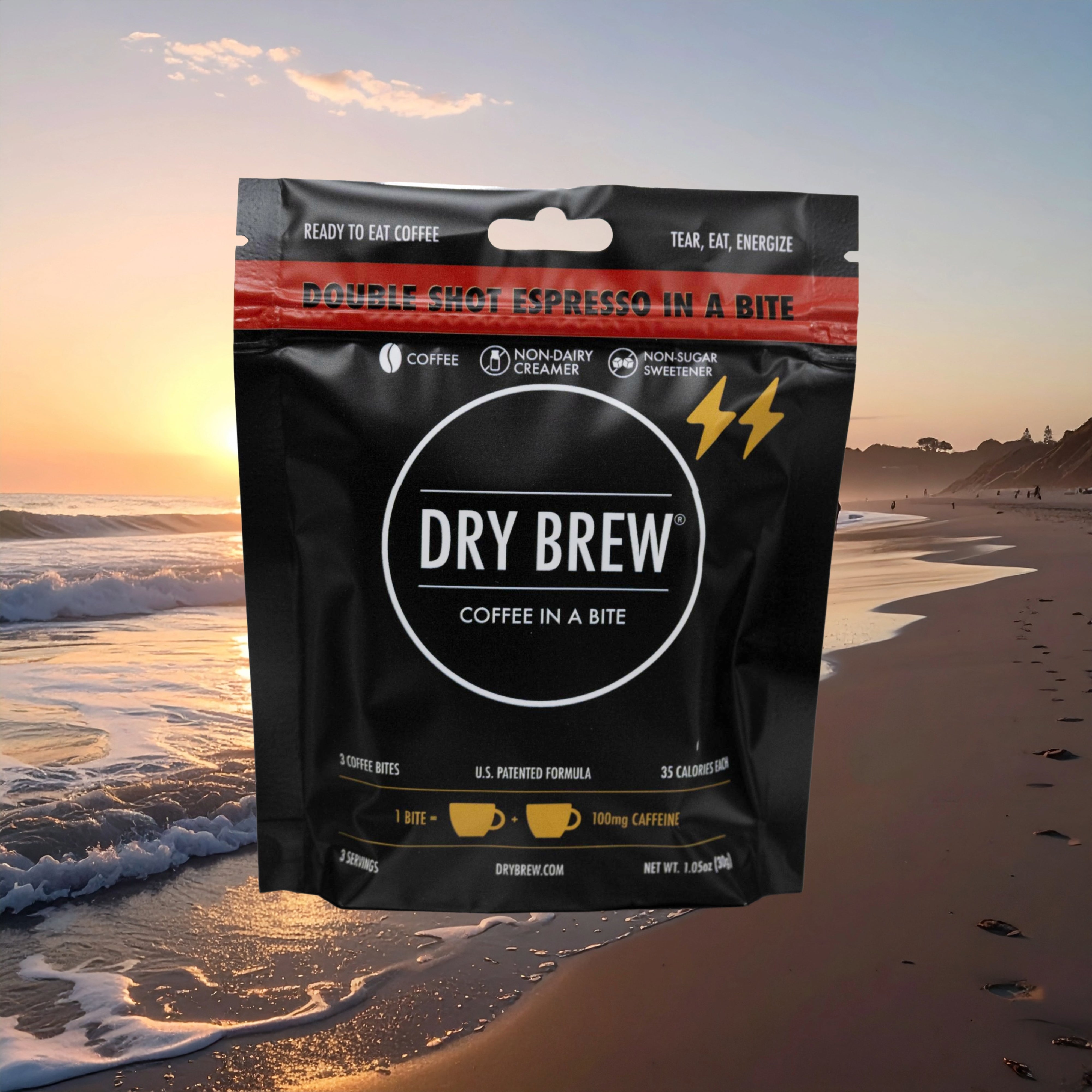 Dry Brew Double Shot chewable coffee bites in use before a workout