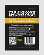 Back of Double Shot coffee product packaging with text and QR code on a gray background