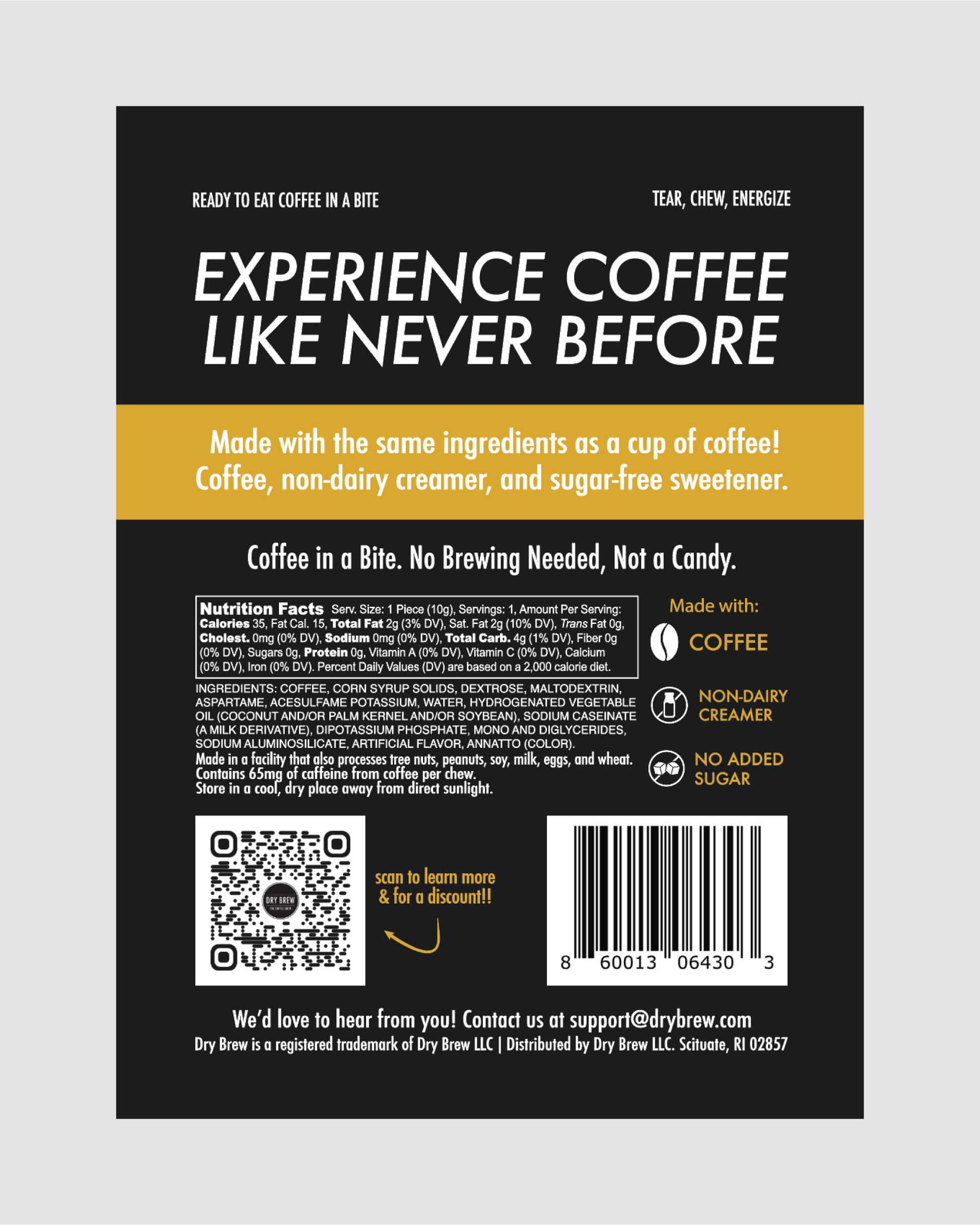 Back of Regular coffee product packaging with text and QR code on a gray background