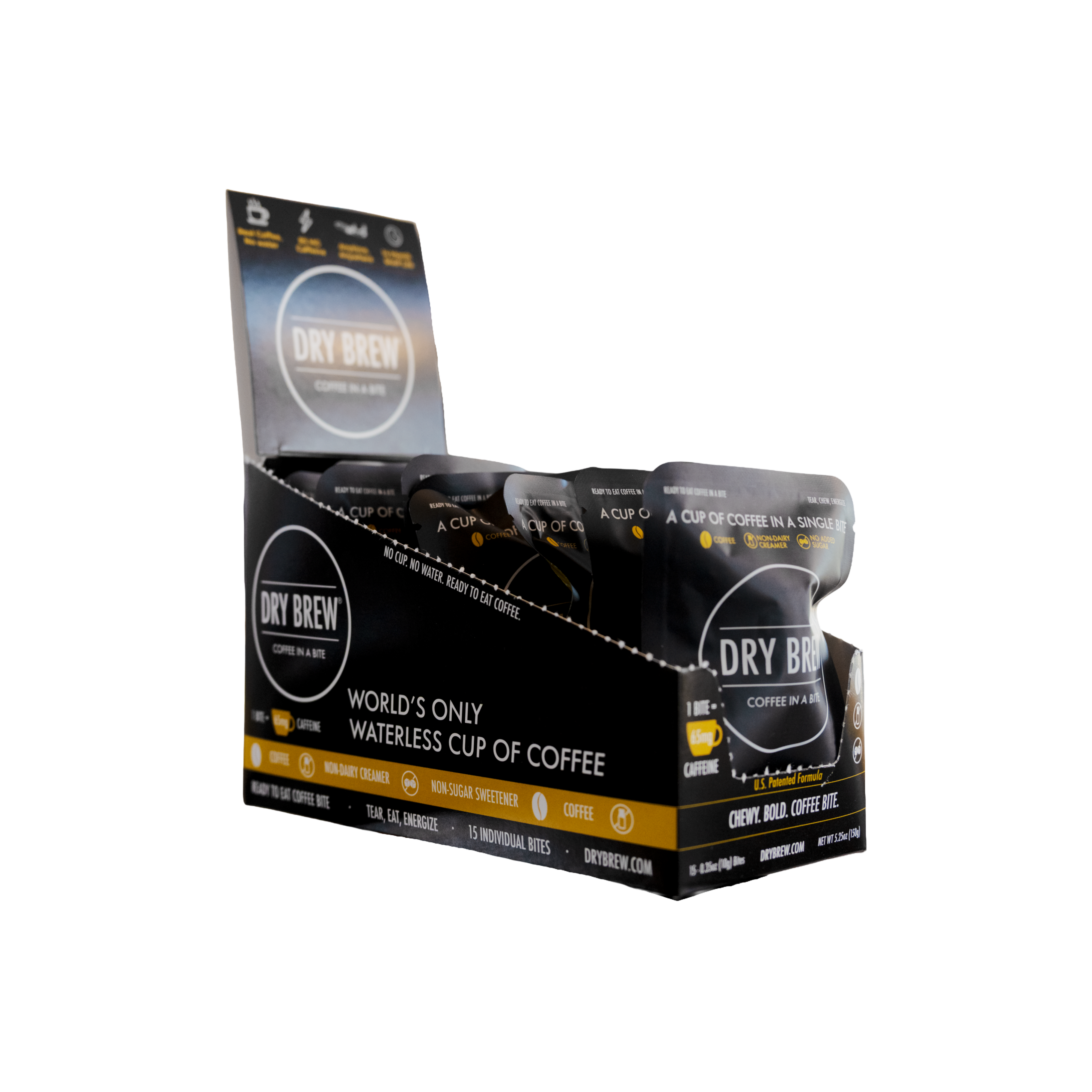 Dry Brew Original 15-bite retail carton of chewable coffee, 65mg caffeine per bite