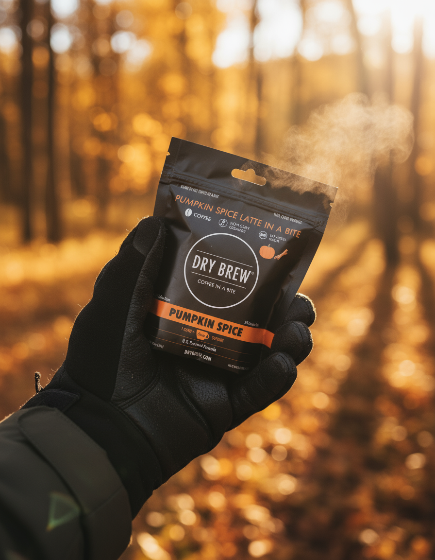 Dry Brew Pumpkin Spice chewable coffee bites pack front, seasonal fall flavor