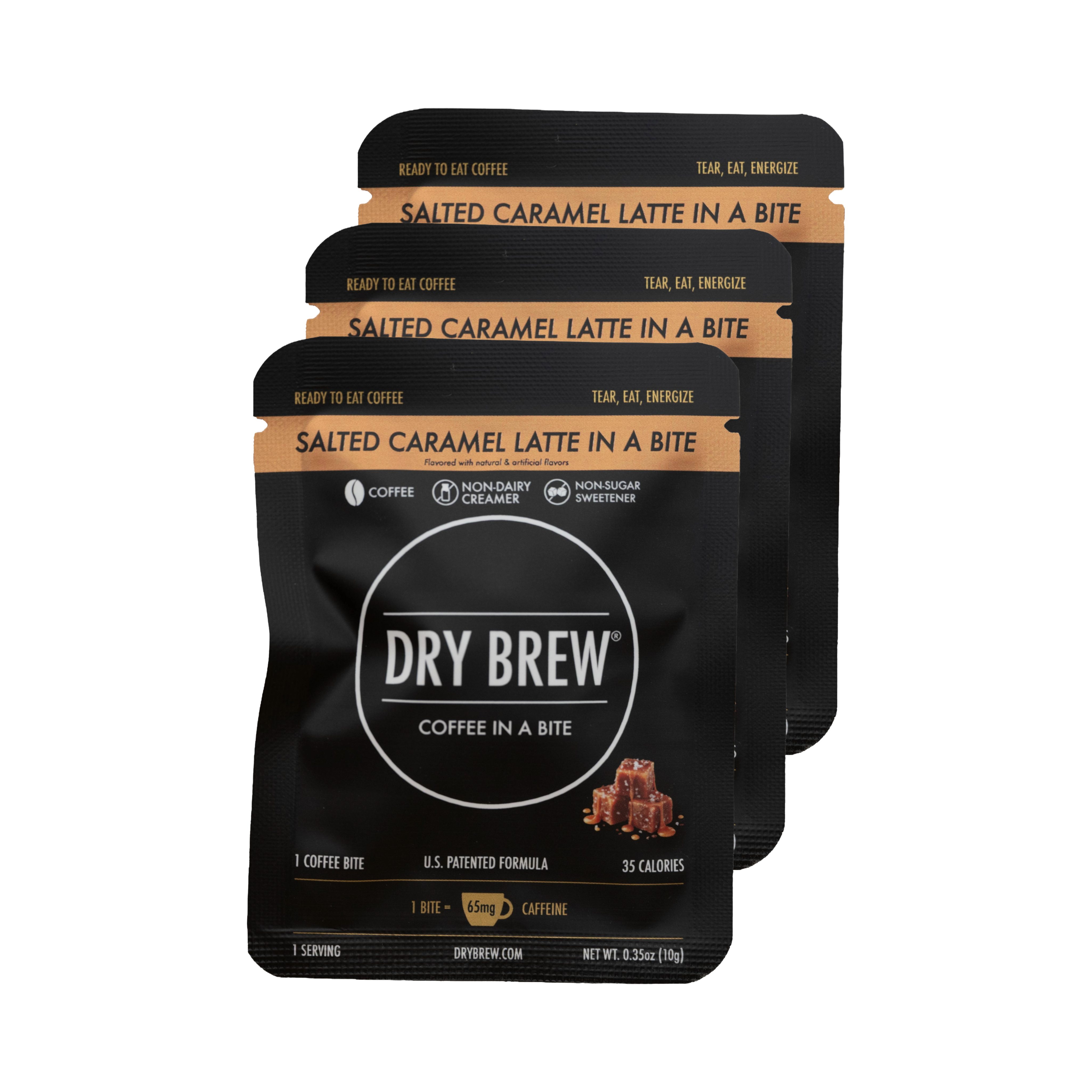 Dry Brew Salted Caramel coffee bites 3-pack, chewable coffee with 65mg caffeine per bite