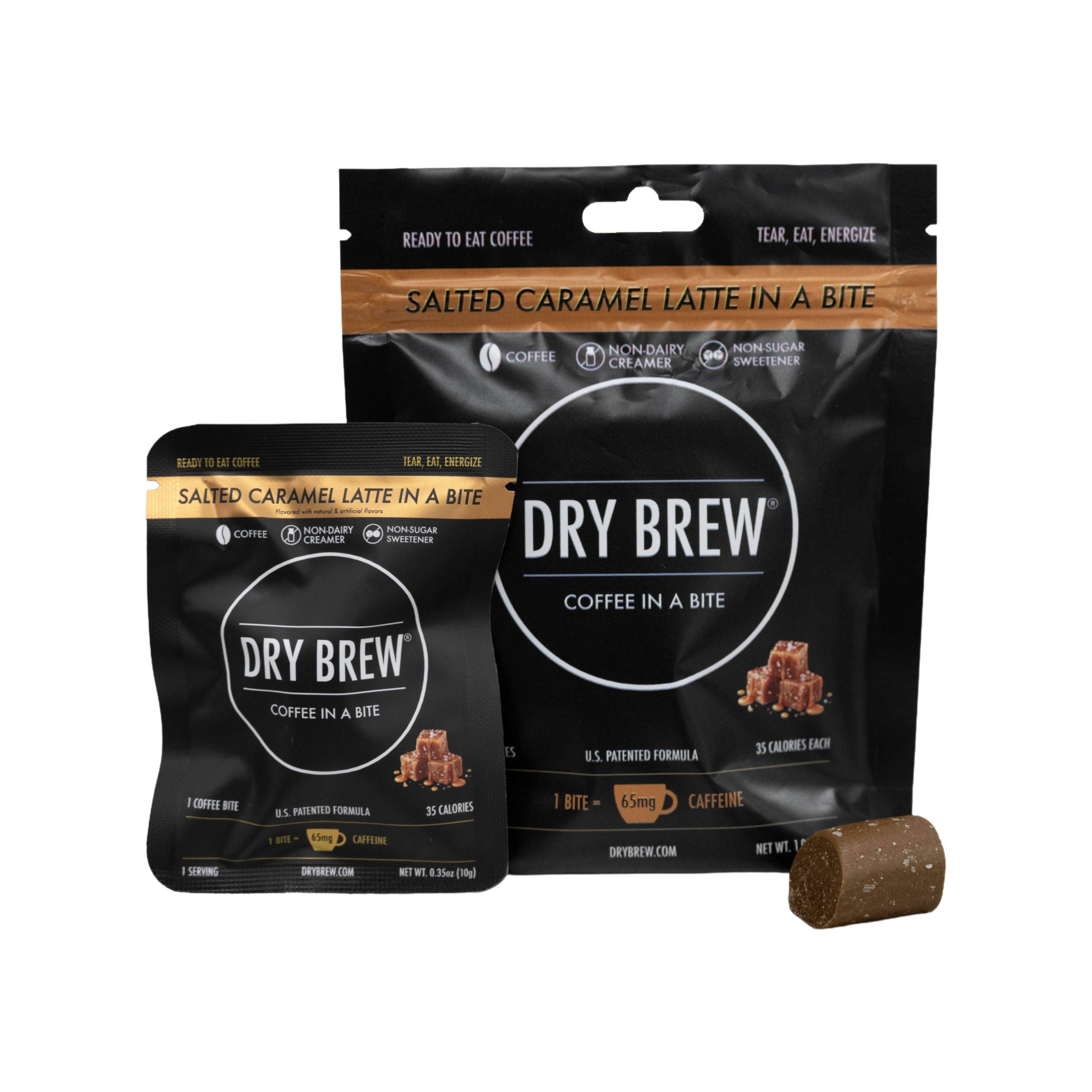 Dry Brew Salted Caramel chewable coffee bites pack, medium roast with caramel finish